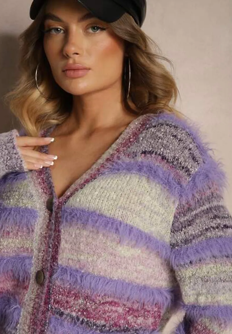 Fioletowy Rozpinany Kardigan z Wiskozą i Wełną w Paski Esamara