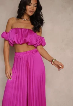 Fioletowy Satynowy Komplet Bufiasta Bluzka Typu Hiszpanka i Spodnie z Plisami Mevisaura