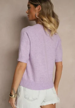 Fioletowy Sweter z Wełną Krótkim Rękawem Ozdobiony Ściągaczami Emiralin