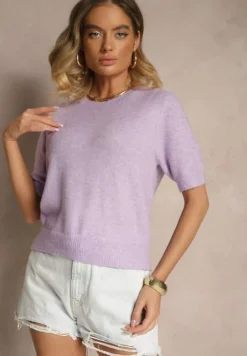 Fioletowy Sweter z Wełną Krótkim Rękawem Ozdobiony Ściągaczami Emiralin