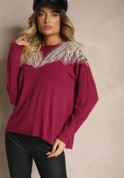 Fioletowy Sweter z Wiskozą Ozdobiony Koralikami i Cekinami Nevarita