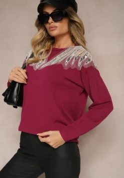 Fioletowy Sweter z Wiskozą Ozdobiony Koralikami i Cekinami Nevarita