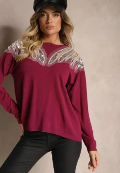 Fioletowy Sweter z Wiskozą Ozdobiony Koralikami i Cekinami Nevarita