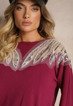 Fioletowy Sweter z Wiskozą Ozdobiony Koralikami i Cekinami Nevarita