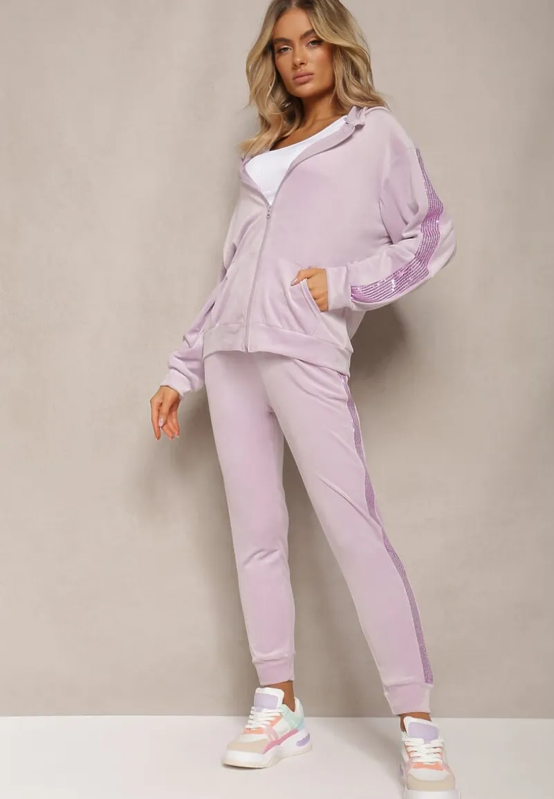 Fioletowy Welurowy Komplet z Cekinami Rozpinana Bluza z Kapturem i Spodnie ze Ściągaczami Natitia