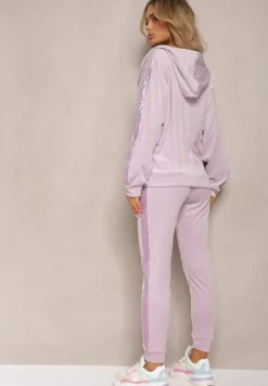 Fioletowy Welurowy Komplet z Cekinami Rozpinana Bluza z Kapturem i Spodnie ze Ściągaczami Natitia