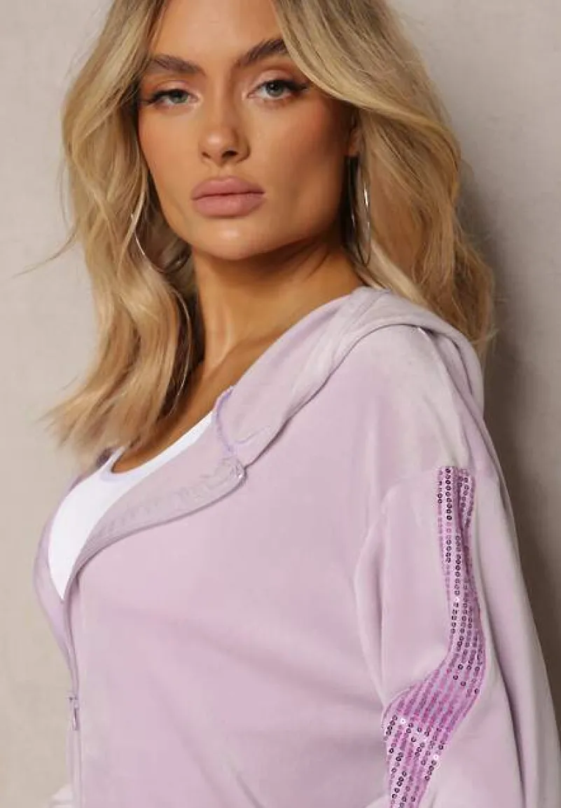 Fioletowy Welurowy Komplet z Cekinami Rozpinana Bluza z Kapturem i Spodnie ze Ściągaczami Natitia