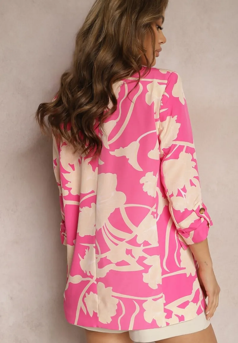 Fuksjowa Pudełkowa Marynarka o Kwiatowym Wzorze z Podpinanymi Rękawami o Dłuższym Kroju Destana