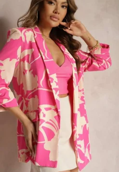 Fuksjowa Pudełkowa Marynarka o Kwiatowym Wzorze z Podpinanymi Rękawami o Dłuższym Kroju Destana