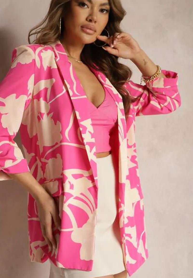 Fuksjowa Pudełkowa Marynarka o Kwiatowym Wzorze z Podpinanymi Rękawami o Dłuższym Kroju Destana