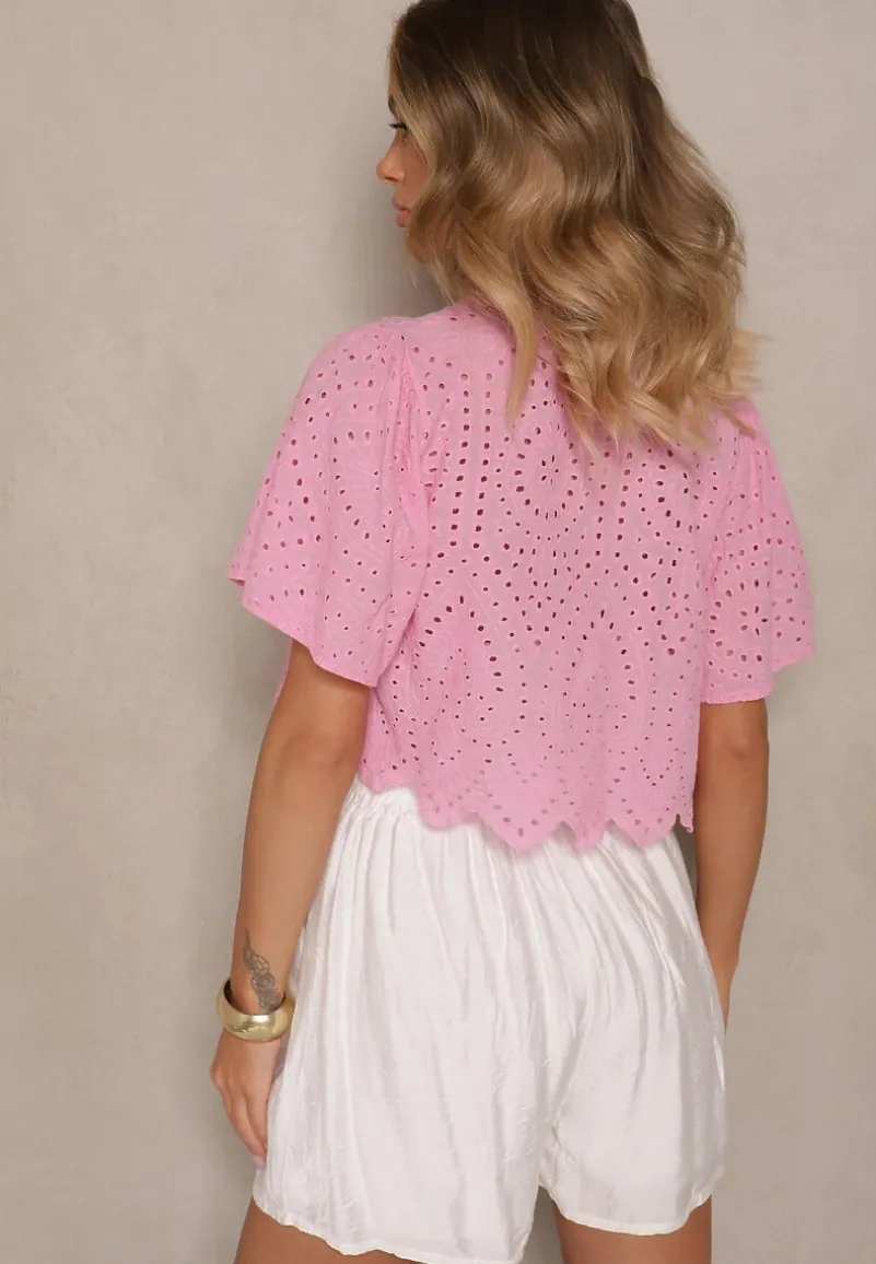 Fuksjowa Ażurowa Bluzka z Bawełny Zdobiona Wiązaniem i Haftem Sorellita