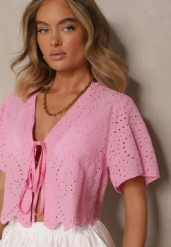 Fuksjowa Ażurowa Bluzka z Bawełny Zdobiona Wiązaniem i Haftem Sorellita