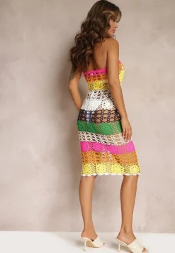 Fuksjowa Ażurowa Sukienka Midi z Ozdobnym Wiązaniem przy Dekolcie Aizela