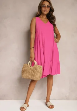 Fuksjowa Bawełniana Sukienka o Rozkloszowanym Kroju Bez Rękawów Gladea