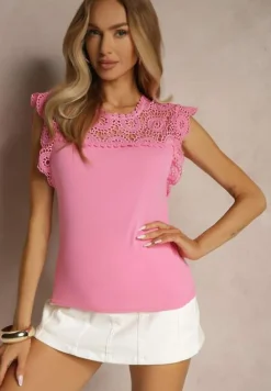 Fuksjowa Bluzka z Bawełny Zdobiona Koronką przy Dekolcie Fevamire