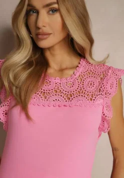Fuksjowa Bluzka z Bawełny Zdobiona Koronką przy Dekolcie Fevamire