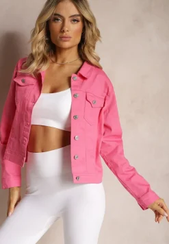 Fuksjowa Jeansowa Kurtka z Bawełny z Guzikami i Kieszeniami Ainztia