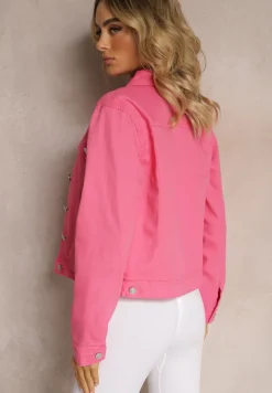 Fuksjowa Jeansowa Kurtka z Bawełny z Guzikami i Kieszeniami Ainztia