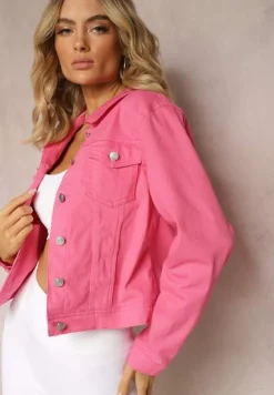 Fuksjowa Jeansowa Kurtka z Bawełny z Guzikami i Kieszeniami Ainztia