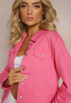 Fuksjowa Jeansowa Kurtka z Bawełny z Guzikami i Kieszeniami Ainztia