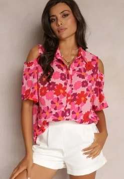 Fuksjowa Koszula Open Shoulder w Kwiatowy Print Veconda