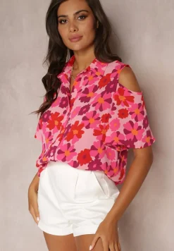 Fuksjowa Koszula Open Shoulder w Kwiatowy Print Veconda