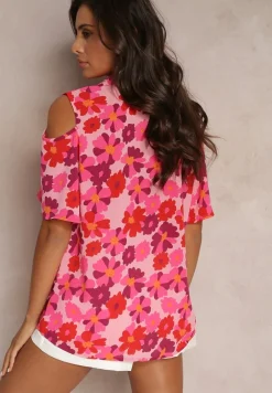 Fuksjowa Koszula Open Shoulder w Kwiatowy Print Veconda