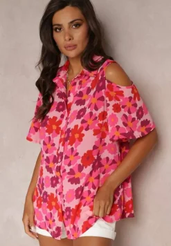 Fuksjowa Koszula Open Shoulder w Kwiatowy Print Veconda