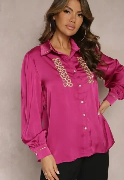 Fuksjowa Koszula Satynowa z Cyrkoniami i Perełkami oraz Kołnierzykiem Dokeria