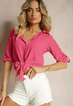 Fuksjowa Koszula z Rękawami z Możliwością Podpięcia Wiązana na Dole Zapinana na Guziki Sanesria