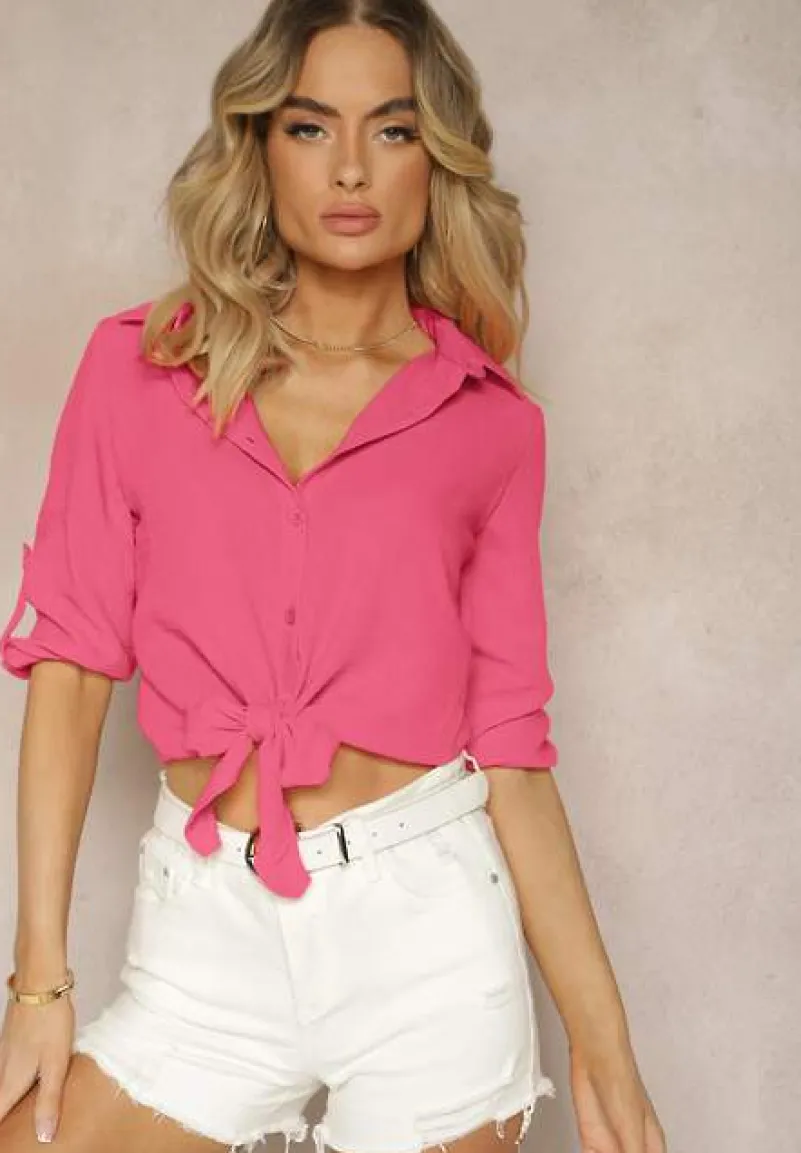 Fuksjowa Koszula z Rękawami z Możliwością Podpięcia Wiązana na Dole Zapinana na Guziki Sanesria