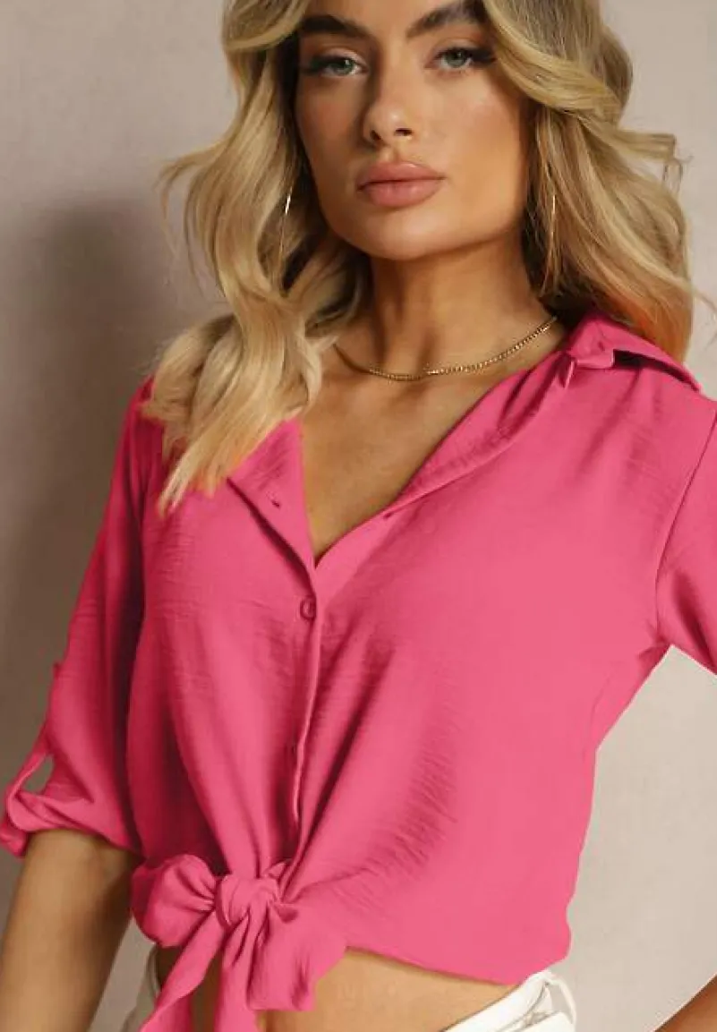 Fuksjowa Koszula z Rękawami z Możliwością Podpięcia Wiązana na Dole Zapinana na Guziki Sanesria