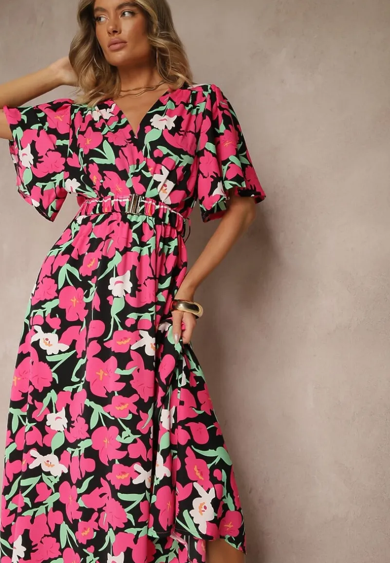 Fuksjowa Kwiatowa Sukienka z Bawełną Ozdobiona Bufiastymi Rękawami Lunelira