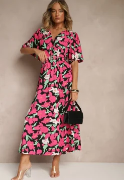 Fuksjowa Kwiatowa Sukienka z Bawełną Ozdobiona Bufiastymi Rękawami Lunelira