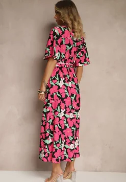 Fuksjowa Kwiatowa Sukienka z Bawełną Ozdobiona Bufiastymi Rękawami Lunelira