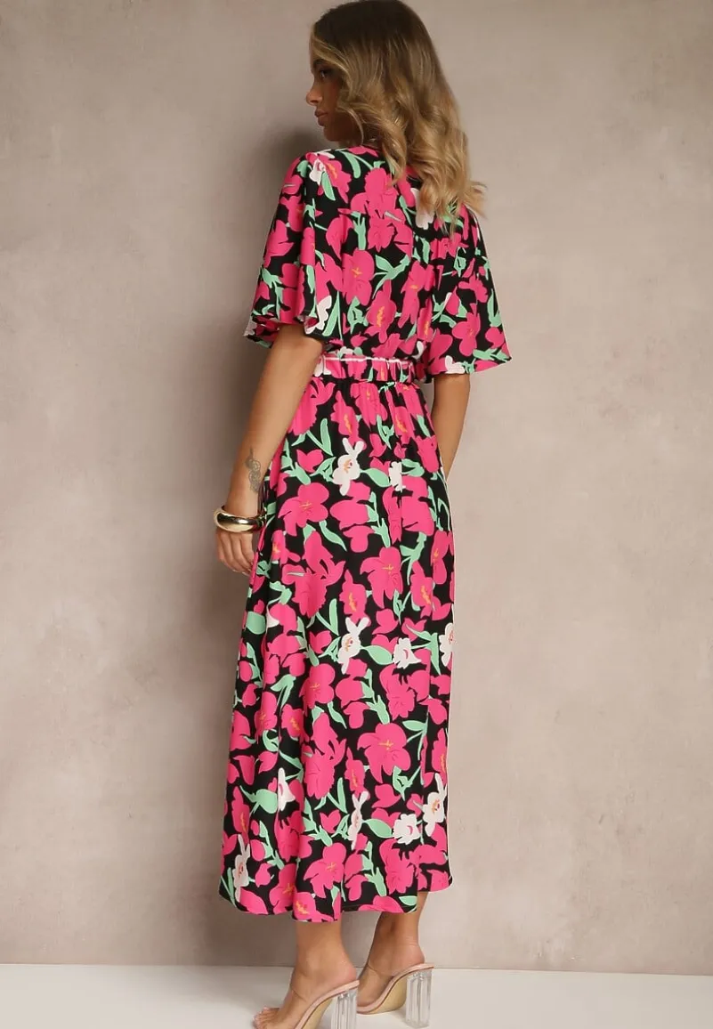 Fuksjowa Kwiatowa Sukienka z Bawełną Ozdobiona Bufiastymi Rękawami Lunelira