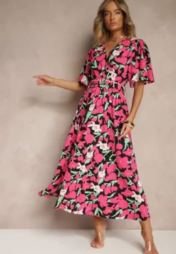 Fuksjowa Kwiatowa Sukienka z Bawełną Ozdobiona Bufiastymi Rękawami Lunelira