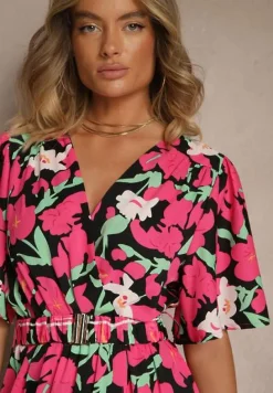 Fuksjowa Kwiatowa Sukienka z Bawełną Ozdobiona Bufiastymi Rękawami Lunelira