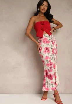 Fuksjowa Marszczona Spódnica Kwiatowa Ozdobiona Rozcięciem na Nogę Ateralene
