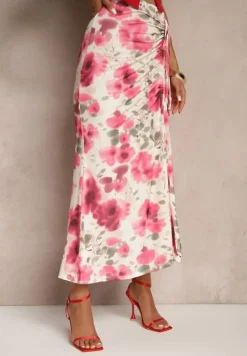 Fuksjowa Marszczona Spódnica Kwiatowa Ozdobiona Rozcięciem na Nogę Ateralene