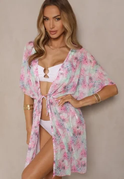 Fuksjowa Narzutka Plażowa z Wiązaniem w Kwiatowy Wzór Mevelaura