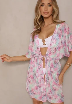 Fuksjowa Narzutka Plażowa z Wiązaniem w Kwiatowy Wzór Mevelaura