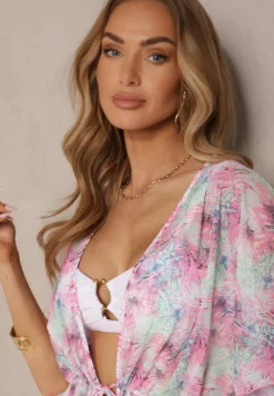 Fuksjowa Narzutka Plażowa z Wiązaniem w Kwiatowy Wzór Mevelaura