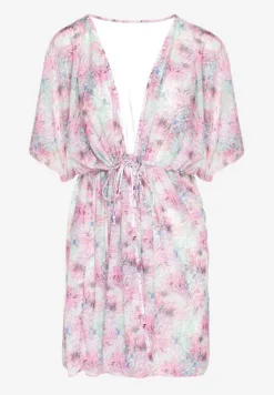 Fuksjowa Narzutka Plażowa z Wiązaniem w Kwiatowy Wzór Mevelaura