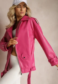 Fuksjowa Oversizowa Kurtka Ramoneska w Motocyklowym Stylu z Ekoskóry Leonidia