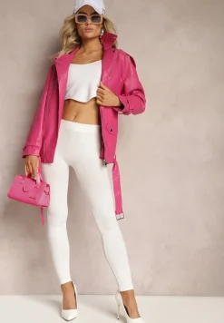 Fuksjowa Oversizowa Kurtka Ramoneska w Motocyklowym Stylu z Ekoskóry Leonidia