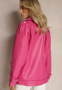 Fuksjowa Oversizowa Kurtka Ramoneska w Motocyklowym Stylu z Ekoskóry Leonidia