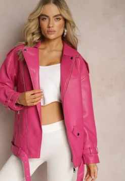 Fuksjowa Oversizowa Kurtka Ramoneska w Motocyklowym Stylu z Ekoskóry Leonidia