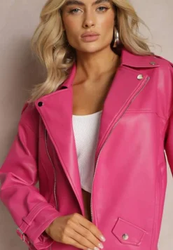 Fuksjowa Oversizowa Kurtka Ramoneska w Motocyklowym Stylu z Ekoskóry Leonidia