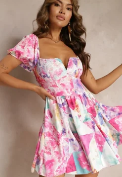 Fuksjowa Rozkloszowana Sukienka Mini z Krótkimi Rękawami i Cienkimi Gumkami Evelilles